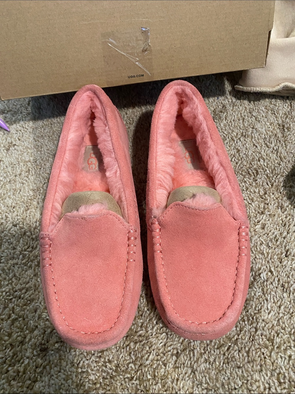 UGG Women’s Coral Pink Suede Moccasin Slippers - Picture 5 of 7